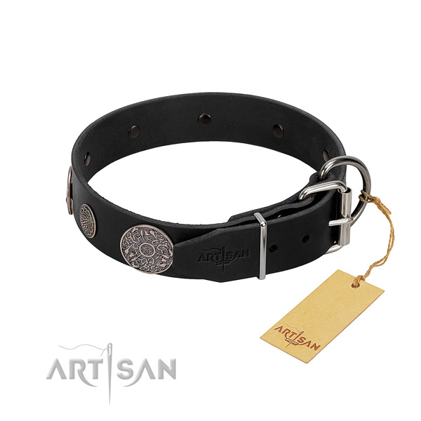Rust-proof adornments on genuine leather dog collar