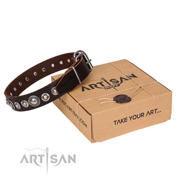 Full grain leather dog collar made of quality material with rust-proof D-ring