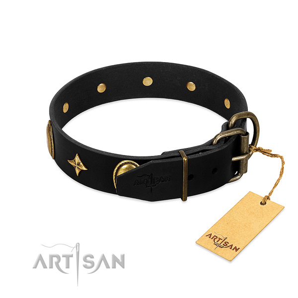Reliable full grain natural leather dog collar with rust resistant embellishments