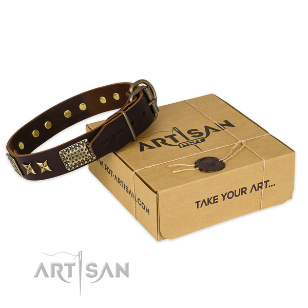 Strong hardware on full grain genuine leather collar for your handsome four-legged friend