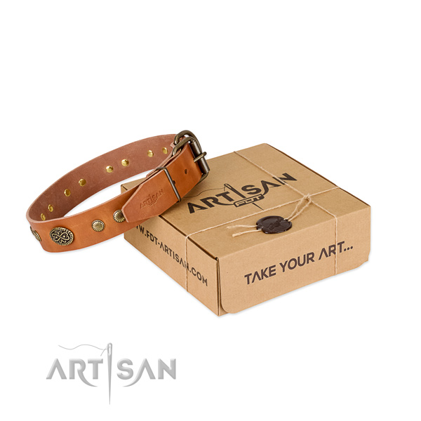 Strong decorations on full grain leather dog collar for your doggie