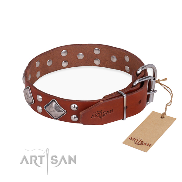 Full grain genuine leather dog collar with impressive reliable decorations