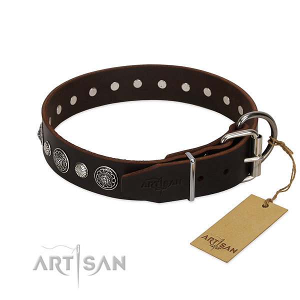 Top notch full grain natural leather dog collar with exquisite decorations