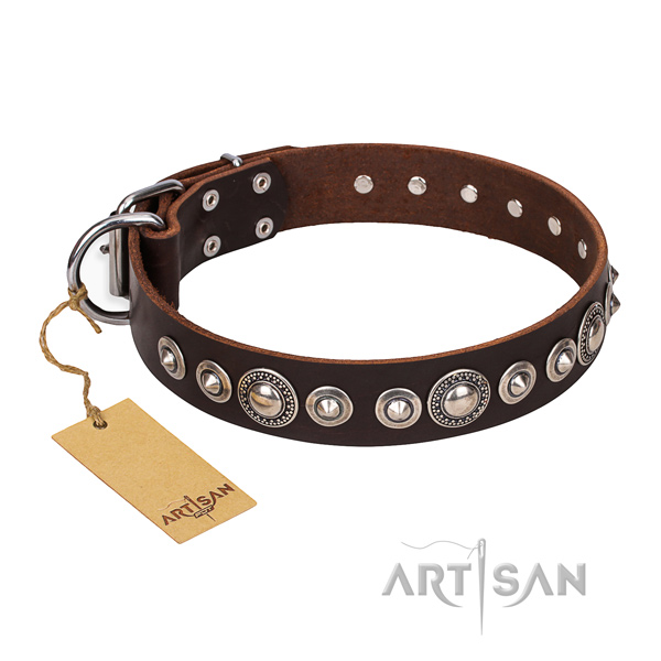 Full grain natural leather dog collar made of flexible material with reliable adornments