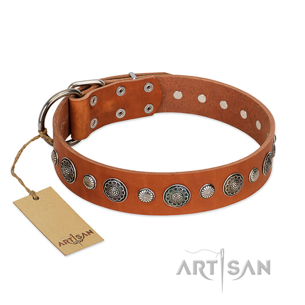 Soft to touch natural leather dog collar with rust resistant D-ring