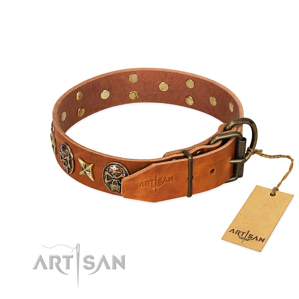 Genuine leather dog collar with rust resistant buckle and decorations