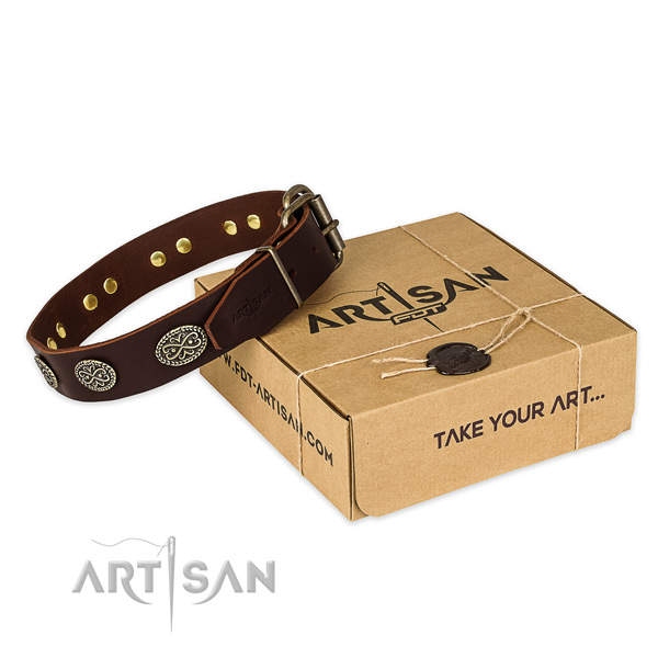 Rust resistant fittings on leather collar for your stylish four-legged friend