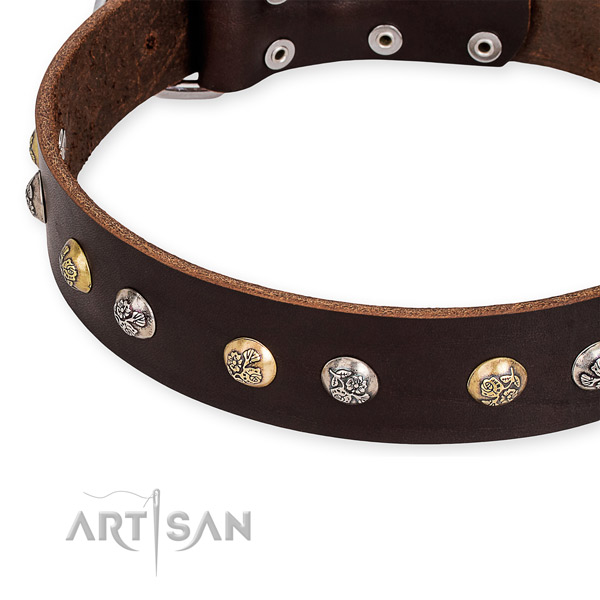 Full grain genuine leather dog collar with stylish design durable decorations