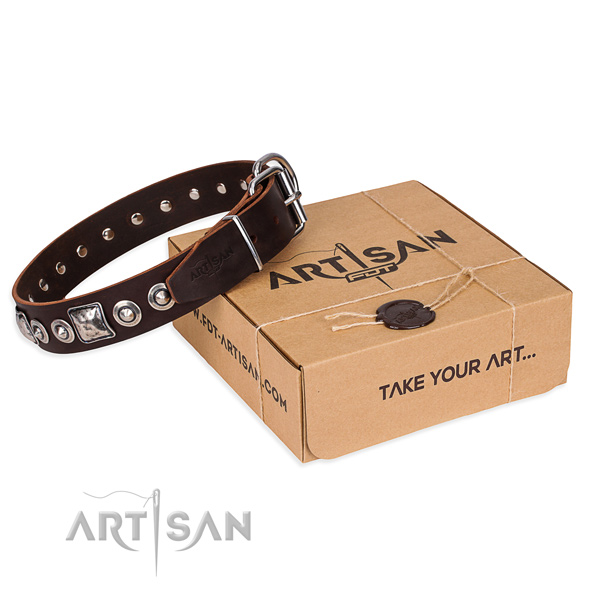 Full grain genuine leather dog collar made of reliable material with rust resistant traditional buckle