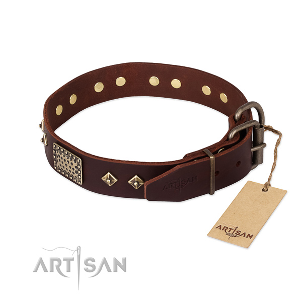 Genuine leather dog collar with durable buckle and decorations