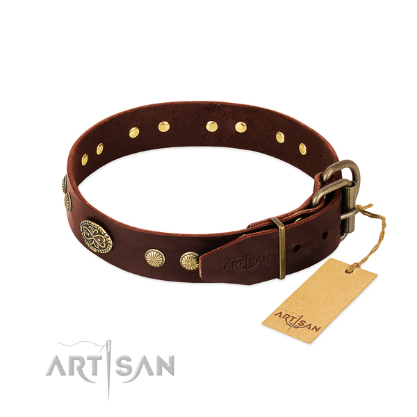Strong adornments on full grain genuine leather dog collar for your four-legged friend