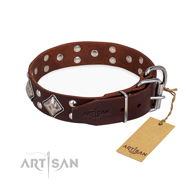 Full grain genuine leather dog collar with significant rust-proof studs