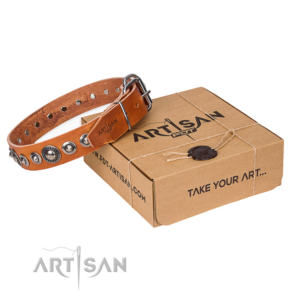 Natural genuine leather dog collar made of soft material with strong fittings