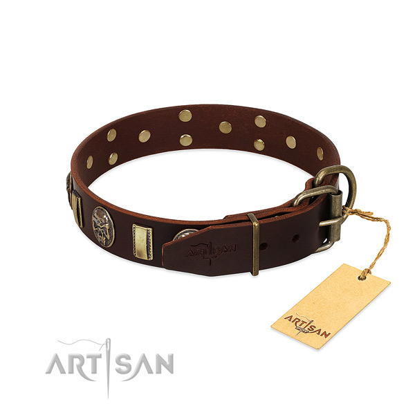 Natural genuine leather dog collar with strong D-ring and decorations