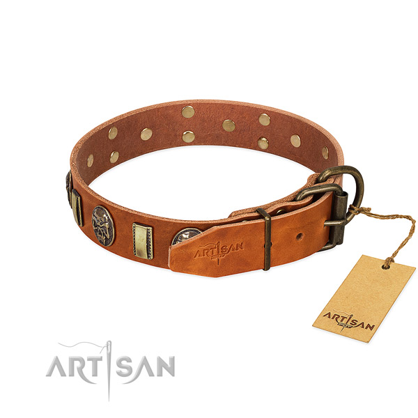 Genuine leather dog collar with corrosion proof buckle and decorations