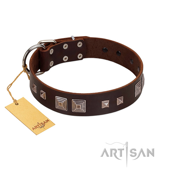 Durable hardware on full grain genuine leather dog collar for everyday use
