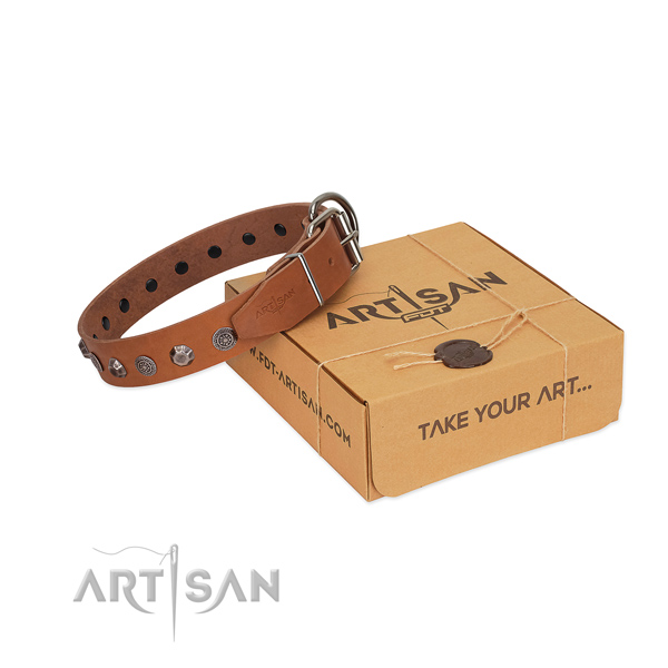 Full grain leather dog collar of soft to touch material with incredible decorations