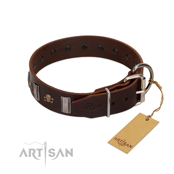 Handy use gentle to touch full grain leather dog collar with embellishments