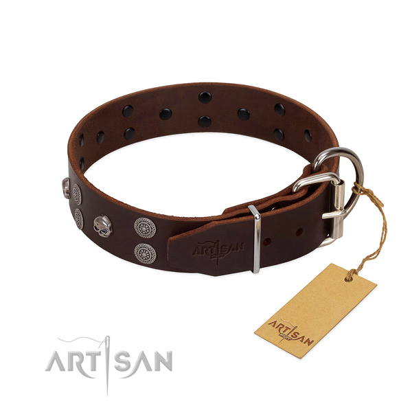 Top rate full grain genuine leather dog collar with decorations for daily use