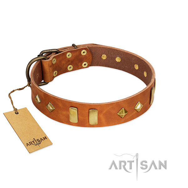 Handy use top rate natural leather dog collar with adornments