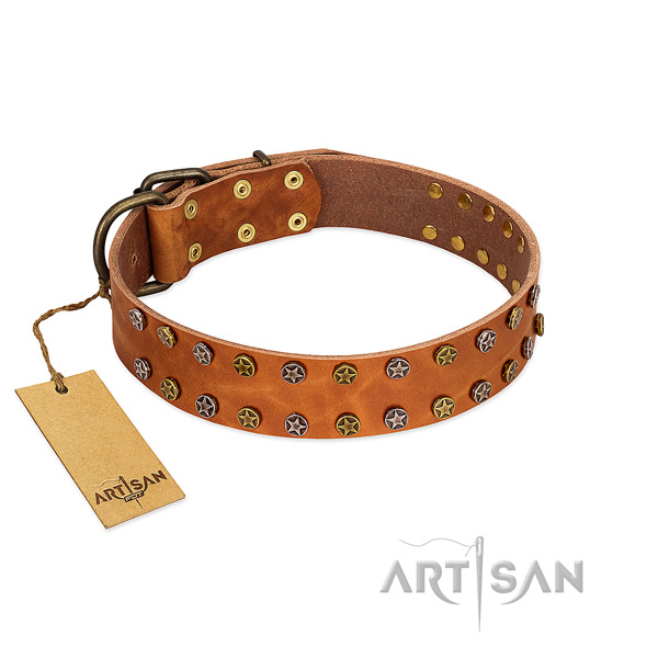 Stylish walking gentle to touch full grain genuine leather dog collar with adornments