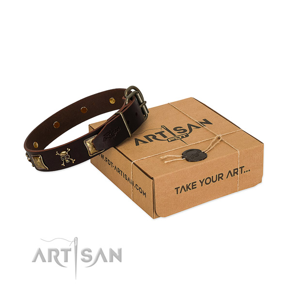 Flexible full grain leather dog collar with unique decorations