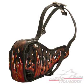 Dog muzzle leather painted in Fire Flames
